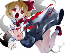 Rule 34 | + +, 1girl, ascot, black dress, black skirt, blonde hair, claw pose, collared shirt, dress, fang, hair ribbon, ikurauni, long sleeves, looking at viewer, nail polish, open mouth, puffy sleeves, red ascot, red eyes, red footwear, red nails, red ribbon, ribbon, rumia, shirt, short hair, simple background, skirt, socks, solo, touhou, vest, white background, white shirt, white socks