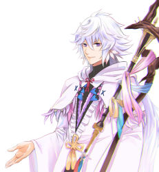 Rule 34 | 1boy, bad id, bad twitter id, beckoning, bishounen, cape, fate/grand order, fate (series), hair between eyes, highres, holding, holding staff, light smile, long hair, long sleeves, looking at viewer, male focus, merlin (fate), okuno naru (exoprsa), purple eyes, robe, simple background, solo, staff, upper body, very long hair, white background, white cape, white hair