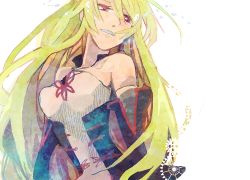 Rule 34 | 1girl, bare shoulders, blonde hair, breasts, detached sleeves, milla (fractured), open mouth, pink eyes, simple background, solo, tales of (series), tales of xillia, tales of xillia 2, tears
