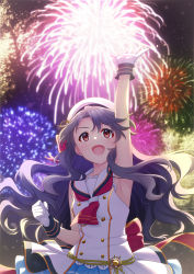 Rule 34 | 1girl, :d, absurdres, arms up, black hair, blush, breasts, clenched hand, dress, firework background, fireworks, gloves, hat, highres, idolmaster, idolmaster million live!, long hair, mikapoe, open mouth, outstretched arm, red eyes, sailor dress, sailor hat, senkou hanabi dan (idolmaster), skirt, small breasts, smile, takayama sayoko, upper body, white hat