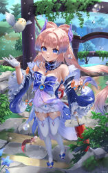 Rule 34 | 1girl, absurdres, air bubble, arm up, bare shoulders, bird, blue eyes, blue gemstone, blue hair, bow-shaped hair, breasts, bubble, cleavage, detached collar, detached sleeves, floating hair, full body, gem, genshin impact, gloves, half gloves, highres, holding, holding umbrella, long hair, long sleeves, looking ahead, medium breasts, multicolored eyes, multicolored hair, neco taya, outdoors, parted lips, pink eyes, pink hair, sandals, sangonomiya kokomi, smile, thick eyebrows, thighhighs, twitter username, umbrella, vision (genshin impact), white gloves, white thighhighs, wide sleeves, zouri