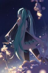 Rule 34 | 1girl, absurdres, aqua eyes, aqua hair, black skirt, black sleeves, black thighhighs, blurry, blurry foreground, commentary request, detached sleeves, dutch angle, flower, frilled shirt, frills, from behind, hair between eyes, hatsune miku, head back, highres, layered skirt, long hair, looking back, miniskirt, night, night sky, number tattoo, outdoors, outstretched arm, parted lips, pleated skirt, shirt, shoulder tattoo, signature, skirt, sky, solo, standing, star (sky), tattoo, thighhighs, twintails, user dmn7126, very long hair, vocaloid, white flower, white shirt, wide sleeves, zettai ryouiki