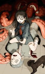 Rule 34 | 1boy, 1girl, animal, bad id, bad pixiv id, bandaid, bandaid on leg, black cat, black footwear, black nails, bleeding, blood, blue skirt, brown hair, cat, demon horns, disembodied hand, fingernails, gakudayo, grey hair, guro, hair between eyes, half-closed eyes, highres, holding, holding knife, holding weapon, horns, injury, knife, long fingernails, long hair, looking at another, lying, monster, nail polish, no arms, on back, oni, open hand, open mouth, original, school uniform, serafuku, sitting, sitting on chest, sitting on person, skirt, smile, stab, straddling, suction cups, sweat, teeth, tentacles, tile floor, tiles, tongue, tongue out, torn, torn clothes, twintails, weapon, yellow eyes