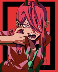 Rule 34 | 1girl, black pants, border, chainsaw man, collared shirt, eyelashes, fang, fangs, finger in own mouth, hair between eyes, highres, horns, looking at viewer, necktie, open mouth, pants, pink background, pink hair, pink shirt, power (chainsaw man), red eyes, riki unc, sharp teeth, shirt, shueisha, solo, teeth, tongue, unusual pupils