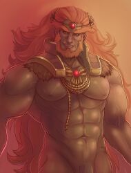 Rule 34 | 1boy, abs, armor, ash dickens (benzyart), bara, bare pectorals, beard, bottomless, circlet, colored skin, cowboy shot, facial hair, fur-trimmed armor, fur trim, ganondorf, gem, gradient background, green skin, highres, hyrule warriors, large pectorals, long hair, looking at viewer, male focus, mature male, muscular, muscular male, navel, nintendo, nipples, orange hair, pectorals, penis out of frame, pointy ears, red gemstone, sharp teeth, shoulder armor, simple background, smile, solo, teeth, the legend of zelda, thick beard, veins, veiny arms, very long hair