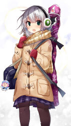 Rule 34 | 1girl, alternate costume, bag, beige coat, black pantyhose, black ribbon, blue dress, blue hat, blush, breath, casual, character doll, coat, commentary request, contemporary, dress, earmuffs, efe, feet out of frame, floral print, gloves, green eyes, hair between eyes, hair ribbon, hands up, hat, highres, hitodama, konpaku youmu, konpaku youmu (ghost), long sleeves, looking at viewer, miniskirt, mob cap, open mouth, pantyhose, plaid, plaid scarf, plaid skirt, pleated skirt, pocket, purple skirt, red gloves, ribbon, saigyouji yuyuko, scarf, short hair, silver hair, simple background, skirt, solo, standing, touhou, triangular headpiece, white background, wide sleeves, yellow scarf