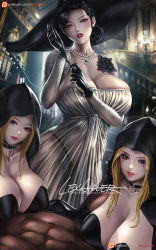 Rule 34 | 1boy, 3girls, abs, alcina dimitrescu, bela dimitrescu, black choker, black gloves, blonde hair, breasts, capcom, character request, choker, cleavage, daniela dimitrescu, dark-skinned male, dark skin, dress, dutch angle, gloves, hat, head tilt, hood, hood up, huge breasts, indoors, interracial, jewelry, large breasts, lexaiduer, looking at another, looking at viewer, makeup, multiple girls, necklace, painting (object), pale skin, parted lips, pov, red lips, resident evil, resident evil village, see-through, sexually suggestive, smile, stairs, sun hat