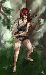 Rule 34 | 1girl, absurdres, armpits, barefoot, black bra, black panties, boyshort panties, bra, breasts, caeldori (fire emblem), clenched hands, collarbone, eyelashes, feather hair ornament, feet, female focus, fighting stance, fire emblem, fire emblem fates, focused, forest, full body, hair between eyes, hair ornament, highres, holding, holding sword, holding weapon, intelligent systems, legs, long hair, looking to the side, matching hair/eyes, matching underwear, midriff, nature, neck, nintendo, outdoors, panties, red eyes, red hair, sidelocks, small breasts, standing, sword, thighs, toes, tree, underwear, underwear only, unworn clothes, v-shaped eyebrows, weapon