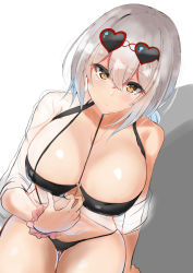 Rule 34 | 1girl, absurdres, arm support, azur lane, bare shoulders, bikini, black bikini, blush, breasts, choker, cleavage, clothes tug, collarbone, commentary request, eyewear on head, hair between eyes, heart, heart-shaped eyewear, highres, large breasts, looking at viewer, navel, negi seijin, o-ring, o-ring top, red eyes, scrunchie, see-through, shiny skin, shirt, short hair, sirius (azur lane), sirius (scorching-hot seirios) (azur lane), sitting, solo, sunglasses, swimsuit, white background, white hair, white scrunchie, white shirt, wrist scrunchie