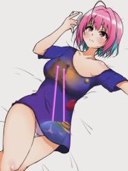 Rule 34 | 1girl, ahoge, bed sheet, blue hair, blue shirt, blush, cellphone, closed mouth, commentary request, crotch seam, from above, frown, hair intakes, holding, holding phone, idolmaster, idolmaster cinderella girls, lying, multicolored hair, no pants, off shoulder, on back, on bed, panties, petsuo (penpen), phone, pink eyes, pink hair, print shirt, shirt, short hair, short sleeves, smartphone, solo, star (sky), t-shirt, two-tone hair, underwear, white panties, yumemi riamu