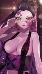 Rule 34 | 1girl, arm at side, beads, black hair, blurry, breasts, cleavage, daki (kimetsu no yaiba), depth of field, eyelashes, eyeliner, facial mark, glint, green eyes, hair ornament, hair pulled back, hair stick, hand up, highres, japanese clothes, kimetsu no yaiba, large breasts, light particles, lipstick, long hair, looking at viewer, makeup, mihashi (re4 glo), multicolored hair, nail polish, obi, pink hair, ponytail, revealing clothes, sash, smile, solo, symbol in eye, two-tone hair, upper body