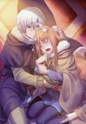 Rule 34 | 1boy, 1girl, absurdres, animal ears, blush, brown coat, brown hair, coat, couple, craft lawrence, crying, fur-trimmed coat, fur trim, hetero, highres, holo, hood, hood down, koume keito, long hair, long sleeves, official art, open mouth, page number, pants, purple shirt, scan, shirt, silver hair, spice and wolf, straight hair, tail, tears, wolf ears, wolf tail