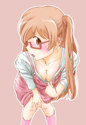 Rule 34 | 10s, 1girl, blush, breasts, brown eyes, brown hair, cleavage, cleavage reach, downblouse, glasses, leaning forward, long hair, marutaya, medium breasts, open mouth, pink background, shiraishi (tanakeda), simple background, solo, tanaka-kun wa itsumo kedaruge, twintails