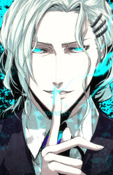 Rule 34 | 10s, 1boy, bad id, bad pixiv id, blue eyes, blue fire, english text, finger to mouth, fire, glowing, glowing eyes, hair ornament, hairclip, iwamoto eiri, male focus, necktie, pale skin, solo, tiger &amp; bunny, upper body, white hair, yuri petrov