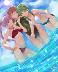 Rule 34 | 3girls, ;d, bandana, bikini, blush, bob cut, braid, breasts, copyright name, criss-cross halter, day, fire emblem, fire emblem: the blazing blade, green eyes, green hair, hair over shoulder, halterneck, hand on own hip, head scarf, head wings, highres, in water, medium breasts, multiple girls, navel, nintendo, nonji (sayglo halo), one-piece swimsuit, one eye closed, open mouth, pink hair, priscilla (fire emblem), purple eyes, rebecca (fire emblem), red hair, serra (fire emblem), short hair, shorts, smile, swimsuit, twin braids, twintails, wading, wings