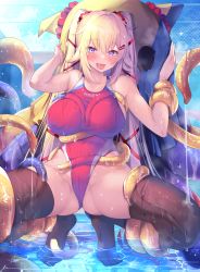 Rule 34 | 1girl, akai haato, blonde hair, blue eyes, blush, breasts, cameltoe, competition swimsuit, fang, hair ornament, heart, heart hair ornament, highres, hololive, large breasts, long hair, looking at viewer, one-piece swimsuit, open mouth, solo, spread legs, squatting, swimsuit, tentacles, tentacles under clothes, thighhighs, twintails, very long hair, virtual youtuber, wet, yoshiheihe