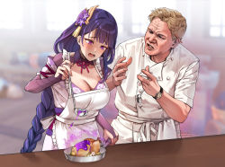 Rule 34 | 1boy, 1girl, @ @, apron, blonde hair, blunt bangs, blurry, blurry background, braid, breasts, bridal gauntlets, chef, commentary, crossover, electricity, english commentary, food, foxyreine, frilled apron, frills, frying pan, genshin impact, gordon ramsay, hair ornament, hand up, hands up, hell&#039;s kitchen, highres, holding, indoors, ladle, large breasts, long hair, low-braided long hair, low-tied long hair, mole, mole under eye, neck ribbon, obi, open mouth, parted lips, purple eyes, purple hair, raiden shogun, raised eyebrows, real life, ribbon, sash, short hair, spoon, tearing up, watch, white apron, window, wrinkled skin, wristwatch