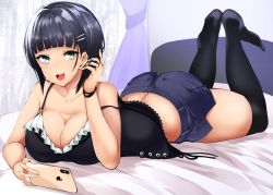 Rule 34 | 1girl, agetama, alternate costume, bare arms, bare shoulders, black hair, black thighhighs, blush, breasts, cellphone, cleavage, collarbone, commentary request, curtains, denim, denim shorts, green eyes, hair ornament, hairclip, highres, indoors, iphone, iphone x, kirigaya suguha, large breasts, looking at viewer, lying, no shoes, on bed, on stomach, open mouth, phone, short hair, short shorts, shorts, smartphone, smile, solo, sword art online, teeth, the pose, thighhighs, upper teeth only