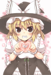 Rule 34 | 1girl, blonde hair, blush, curiosities of lotus asia, female focus, grin, hat, heart, heart hands, kirisame marisa, lock heart (juuryokudou), looking at viewer, ribbon, smile, solo, touhou, witch, witch hat