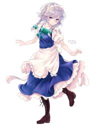 Rule 34 | 1girl, apron, blue eyes, blush, boots, breasts, chikuwa savy, commentary request, cross-laced footwear, dress, frilled dress, frills, green ribbon, hair between eyes, hair ribbon, head tilt, izayoi sakuya, looking to the side, maid, maid apron, maid headdress, puffy short sleeves, puffy sleeves, ribbon, short hair, short sleeves, silver hair, simple background, small breasts, smile, solo, touhou, tress ribbon, twintails, twitter username, v-shaped eyebrows, white background