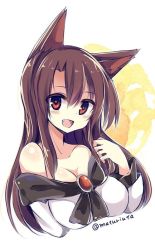 Rule 34 | 1girl, animal ears, artist name, blush stickers, brown hair, fang, imaizumi kagerou, jewelry, long hair, long sleeves, looking at viewer, maturiuta sorato, off shoulder, open mouth, portrait, red eyes, simple background, smile, solo, touhou, wolf ears