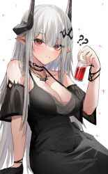 Rule 34 | 1girl, ?, ??, arknights, bare shoulders, black choker, black dress, black gloves, blush, bracelet, breasts, choker, cleavage, closed mouth, cup, detached sleeves, dress, drink, drinking glass, gloves, grey hair, hair ornament, highres, holding, holding cup, horn/wood, horns, jewelry, large breasts, long hair, looking at viewer, material growth, mudrock (arknights), mudrock (obsidian) (arknights), necklace, official alternate costume, oripathy lesion (arknights), pointy ears, red eyes, short sleeves, single glove, solo, sparkle, very long hair