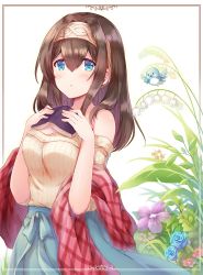 Rule 34 | 1girl, animal, bare shoulders, bird, blue bow, blue eyes, blue flower, blue rose, blue skirt, bluebird, blush, book, bow, breasts, brown hair, brown sweater, cleavage, commentary request, fingernails, flower, flower request, hair between eyes, hairband, hands up, holding, holding book, idolmaster, idolmaster cinderella girls, long hair, looking at viewer, medium breasts, off-shoulder, off-shoulder sweater, off shoulder, open book, parted lips, plaid, purple flower, red flower, ribbed sweater, rose, sagisawa fumika, shawl, skirt, solo, sweater, white background, white flower, zinczinc ka