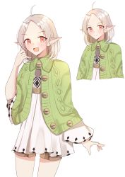 Rule 34 | 1girl, ahoge, blush, capelet, closed mouth, commentary request, cropped torso, dress, elf, forehead, green capelet, hand in own hair, highres, long sleeves, looking at viewer, medium hair, mushoku tensei, open mouth, pointy ears, red eyes, silver hair, simple background, smile, solo, spoilers, sylphiette (mushoku tensei), tongue, white background, white dress, yuuna (vhux2273)
