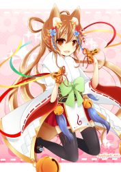 Rule 34 | 1girl, :d, animal ears, bell, black thighhighs, blue flower, blush, brown eyes, brown hair, fang, flower, fox ears, fox girl, fox tail, fur collar, hair between eyes, hair flower, hair ornament, hair rings, highres, holding, japanese clothes, jingle bell, kimono, korin (shironeko project), long hair, long sleeves, looking at viewer, miko, open mouth, pleated skirt, red flower, red footwear, red skirt, ribbon-trimmed legwear, ribbon-trimmed sleeves, ribbon trim, sandals, shironeko project, short kimono, sidelocks, skirt, smile, solo, sparkle, tail, thighhighs, twintails, twitter username, very long hair, white kimono, wide sleeves, yellow flower, yukiyuki 441, zouri