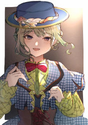 Rule 34 | 1girl, :d, absurdres, blue dress, blue hat, blush, border, bow, bowtie, braid, capelet, collared shirt, commentary, corset, dress, eyelashes, floating hair, french braid, green hair, hat, highres, kusanagi nene, light particles, long sleeves, looking at viewer, open mouth, project sekai, puffy long sleeves, puffy sleeves, purple eyes, red bow, red bowtie, shirt, short hair, sidelighting, smile, solo, traditional bowtie, tsurime, tuki zawa, unmoving pattern, upper body, white border, wing collar