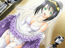 Rule 34 | 1girl, ail soft, akehime mayu, black hair, breasts, bridal veil, bride, camcorder, camera, cleavage, clothes lift, covered erect nipples, crying, crying with eyes open, dress, dress lift, dutch angle, frills, game cg, garter belt, green eyes, hair up, jewelry, kyouhaku 2, necklace, open mouth, panties, pussy juice, ribahara aki, short hair, skirt, skirt lift, solo, tears, thigh gap, thighhighs, thighs, underwear, veil, video camera, wedding dress, white panties