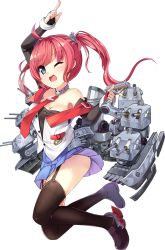 Rule 34 | 1girl, ahoge, arm up, azur lane, black thighhighs, blue eyes, breasts, cannon, cleavage, clothes lift, detached sleeves, eyelashes, full body, garter belt, garter straps, gun, medium breasts, miniskirt, necktie, official art, one eye closed, open mouth, red hair, red necktie, rigging, san diego (azur lane), searchlight, skirt, solo, sparkle, thighhighs, torpedo tubes, transparent background, trigger discipline, twintails, weapon