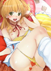 Rule 34 | 10s, 1girl, blonde hair, blush, bow, bow bra, bra, bra pull, bracelet, breasts, censored, clothes pull, condom, dress shirt, fang, green eyes, heart, heart censor, idolmaster, idolmaster cinderella girls, jewelry, jougasaki rika, long hair, loose socks, lying, nipples, no pants, on back, open clothes, open mouth, open shirt, panties, panty pull, polka dot, polka dot bra, polka dot panties, pussy, shirt, small breasts, smile, socks, solo, sweat, twintails, two side up, underwear, wakamesan, wide-eyed, yellow bra, yellow panties