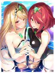 Rule 34 | 2girls, ass, blonde hair, blush, breast press, breasts, cleavage, competition swimsuit, gem, hair ornament, headpiece, highres, holding hands, jewelry, large breasts, long hair, looking at viewer, multiple girls, mythra (xenoblade), nintendo, one-piece swimsuit, pyra (xenoblade), red eyes, red hair, short hair, smile, swept bangs, swimsuit, symmetrical docking, takatun223, thighs, water, xenoblade chronicles (series), xenoblade chronicles 2, yellow eyes