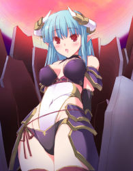 Rule 34 | 1girl, 47agdragon, blue hair, breasts, demon girl, elbow gloves, covered erect nipples, fantasy, gloves, horns, medium breasts, navel, original, pointy ears, red eyes, solo, thighhighs