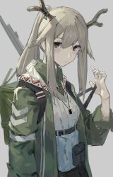 Rule 34 | 1girl, antlers, arknights, backpack, bag, breasts, brown eyes, closed mouth, collared shirt, commentary, cowboy shot, expressionless, female focus, firewatch (arknights), green jacket, green shirt, gun, gun on back, hair between eyes, highres, horns, jacket, jewelry, long hair, looking at viewer, medium breasts, necklace, open clothes, open jacket, over shoulder, ponytail, rifle, shirt, silver hair, solo, standing, strap pull, upper body, vest, weapon, weapon on back, weapon over shoulder, white vest, wing collar, yu-hi
