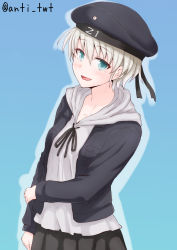 Rule 34 | 10s, 1girl, :d, alternate costume, anti (untea9), arm at side, artist name, black hat, black jacket, black ribbon, black skirt, blonde hair, blue background, blue eyes, blush, character name, collarbone, contemporary, cowboy shot, eyebrows, hand on own arm, hat, head tilt, highres, hood, hooded sweater, jacket, kantai collection, long sleeves, looking at viewer, open clothes, open jacket, open mouth, pleated skirt, ribbon, sailor hat, short hair, simple background, skirt, smile, solo, sweater, z1 leberecht maass (kancolle)