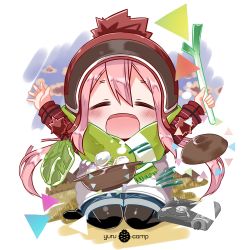 Rule 34 | 1girl, :d, arms up, beanie, black footwear, black pantyhose, blue shorts, blush, cabbage, closed eyes, commentary request, copyright name, dumpling, facing viewer, food, green scarf, hair between eyes, hat, holding, holding food, jacket, jiaozi, kagamihara nadeshiko, lettuce, long hair, long sleeves, low twintails, open mouth, outstretched arms, pantyhose, pot, red hat, red jacket, scarf, shoes, short shorts, shorts, sidelocks, smile, solo, spring onion, twintails, very long hair, vest, white vest, yamaguchi shinnosuke, yurucamp