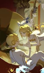 Rule 34 | 1boy, 1girl, bird, bishounen, blonde hair, blue eyes, bow, choker, earrings, floating, hair bow, hair ornament, hairclip, highres, holding hands, jewelry, kagamine len, kagamine rin, low ponytail, male focus, ponytail, profile, short hair, short sleeves, shorts, siblings, solo, sparkle, twins, vocaloid, wu liu