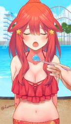 Rule 34 | 1girl, amusement park, arms behind back, bare shoulders, bikini, bikini top only, blue eyes, blush, breasts, cleavage, closed eyes, collarbone, commentary request, feeding, food, frilled bikini, frilled bikini top, frills, fumazu9, go-toubun no hanayome, hair between eyes, hair ornament, halterneck, high ponytail, highres, ice cream, large breasts, long hair, looking at viewer, nakano itsuki, navel, open mouth, ponytail, pool, red bikini, red hair, red sarong, roller coaster, sarong, sidelocks, solo, solo focus, spoon, standing, star (symbol), star hair ornament, stomach, swimsuit, tree, twitter username, water, water slide