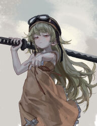 Rule 34 | 1girl, absurdres, bare arms, bare shoulders, blonde hair, brown hat, closed mouth, dress, frilled dress, frills, goggles, goggles on headwear, hat, highres, holding, holding sword, holding weapon, katana, long hair, monogatari (series), oshino shinobu, over shoulder, pink dress, red eyes, sheath, sheathed, sleeveless, sleeveless dress, solipsist, solo, sword, sword over shoulder, very long hair, weapon, weapon over shoulder