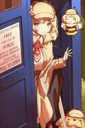 bee_costume blonde_hair blue_eyes bob_cut breasts brown_capelet bubba_(watson_amelia) capelet deerstalker detective doctor_who dog hair_ornament haraya_manawari hat highres hololive hololive_english long_sleeves looking_at_viewer multiple_girls mustache_print necktie plaid_clothes plaid_skirt police_box red_necktie shirt short_hair short_necktie skirt smile smol_ame tardis time_machine virtual_youtuber watson_amelia watson_amelia_(1st_costume)