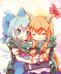 Rule 34 | 2girls, ayakashi (monkeypanch), belt, blonde hair, blue dress, blue eyes, blue hair, bow, cirno, cuffs, dress, closed eyes, grin, hair bow, highres, holding hands, horn ornament, horn ribbon, horns, ibuki suika, ice, ice wings, interlocked fingers, long hair, low-tied long hair, multiple girls, open mouth, ribbon, scarf, shackles, shared clothes, shared scarf, smile, touhou, wings