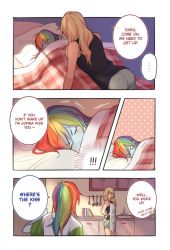 Rule 34 | !, !!, ..., 2girls, ?, applejack, apron, bare shoulders, blonde hair, commentary request, dcon 34, english text, closed eyes, highres, image sample, kitchen, light blush, lying, multicolored hair, multiple girls, my little pony, on side, pillow, rainbow dash, sink, speech bubble, twitter sample, yuri