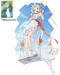 Rule 34 | 1girl, absurdres, bare shoulders, blue eyes, blue sky, braid, cloud, cloudy sky, dress, flower, full body, hands up, highres, open mouth, original, personification, pointy ears, red flower, red ribbon, ribbon, rinotuna, short hair, sky, smile, solo, standing, strapless, strapless dress, swing, white dress, white flower, white hair, wind chime
