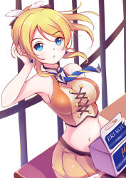 Rule 34 | 10s, 1girl, :o, adjusting hair, armpits, ayase eli, bare arms, bare shoulders, bench, blonde hair, blue eyes, blush, box, breasts, character name, cleavage, earrings, english text, euforia, feather hair ornament, feathers, female focus, hair ornament, hand in own hair, jewelry, large breasts, looking at viewer, love live!, love live! school idol project, midriff, navel, necktie, orange skirt, parted lips, pleated skirt, ponytail, sitting, skin tight, skirt, solo