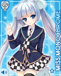 Rule 34 | 1girl, blue background, blue eyes, blue jacket, blunt bangs, card, character name, checker pattern, closed mouth, girlfriend (kari), jacket, miss monochrome, miss monochrome (character), necktie, official art, qp:flapper, school uniform, shirt, skirt, smile, solo, tagme, thighhighs, twintails, waving, white footwear, white hair, white shirt