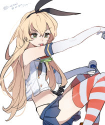 Rule 34 | 1girl, anchor hair ornament, black hairband, black neckerchief, black panties, blonde hair, blue sailor collar, blue skirt, commentary request, crop top, elbow gloves, food, gloves, green eyes, hair ornament, hairband, haru hikoya, highleg, highleg panties, kantai collection, long hair, microskirt, midriff, miniskirt, mouth hold, neckerchief, panties, pleated skirt, popsicle, sailor collar, shimakaze (kancolle), simple background, sitting, skirt, solo, striped clothes, striped thighhighs, thighhighs, translation request, underwear, watermelon bar, white background, white gloves