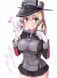 Rule 34 | 1girl, anchor, anchor hair ornament, black skirt, blonde hair, blue eyes, breasts, buttons, covered erect nipples, cowboy shot, double-breasted, grey hat, hair ornament, hand on own chest, handjob gesture, hands up, hat, heart, heart-shaped pupils, highres, kantai collection, kihou no gotoku dmc, large breasts, long hair, long sleeves, looking at viewer, low twintails, military, military uniform, miniskirt, naughty face, peaked cap, pleated skirt, prinz eugen (kancolle), simple background, skirt, solo, standing, symbol-shaped pupils, tareme, translation request, twintails, uniform, white background