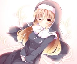 Rule 34 | 1girl, ;), black dress, blush, breasts, brown eyes, closed mouth, commentary request, dress, dutch angle, fuuna, gloves, habit, hair between eyes, highres, light brown hair, long hair, long sleeves, medium breasts, nijisanji, nun, one eye closed, sister claire, sister claire (1st costume), smile, solo, traditional nun, v arms, very long hair, virtual youtuber, white gloves